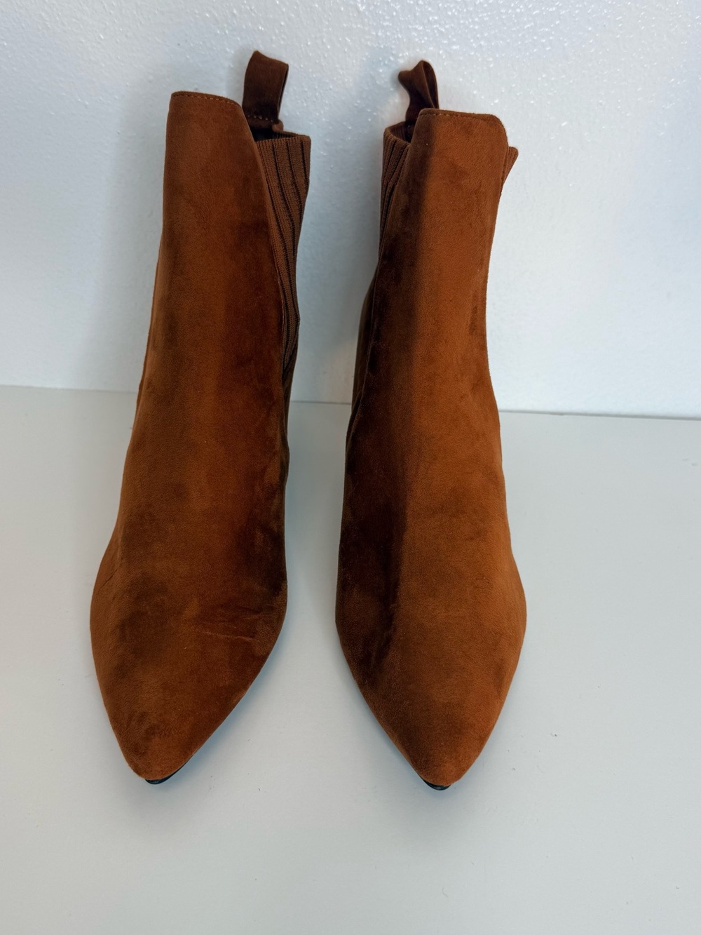 Women's Suede Pointed Chelsea Ankle Boots in Cognac Brown